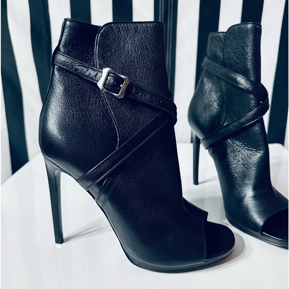 SAINT LAURENT Paris Black Leather Peep Toe Platform Heeled Ankle Booties - Picture 1 of 8